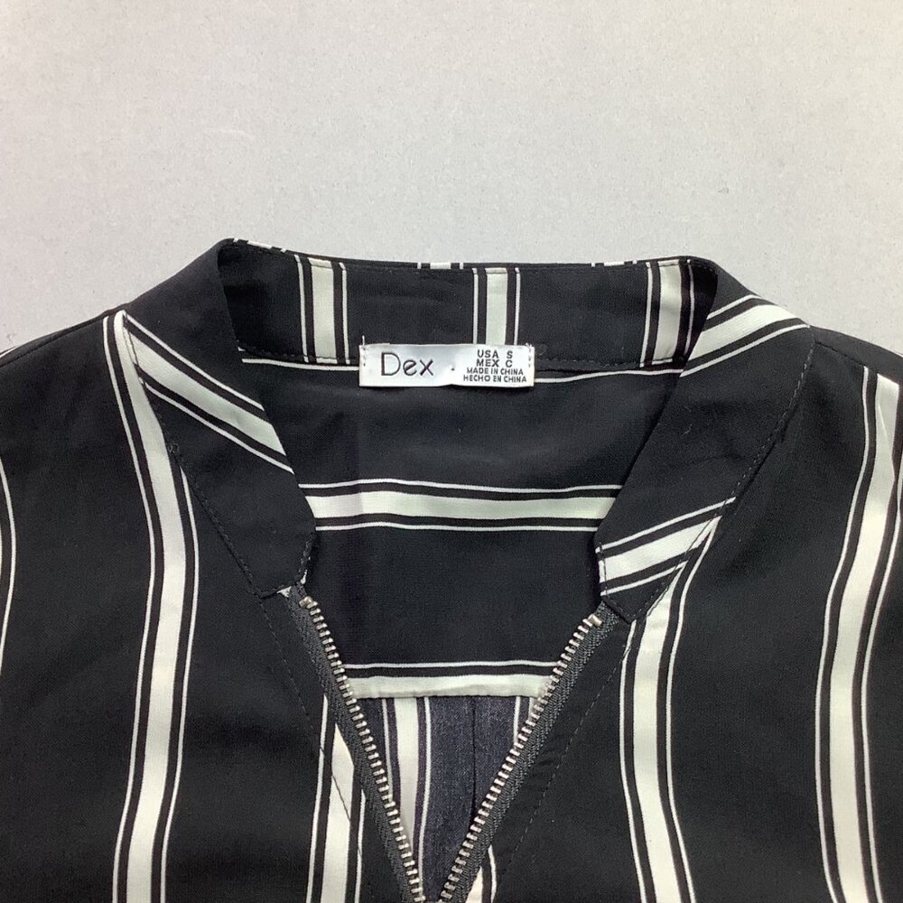 Striped Black & White Midi Dress Roll-Up Sleeves Drawstring Waist Old Money - Picture 6 of 10
